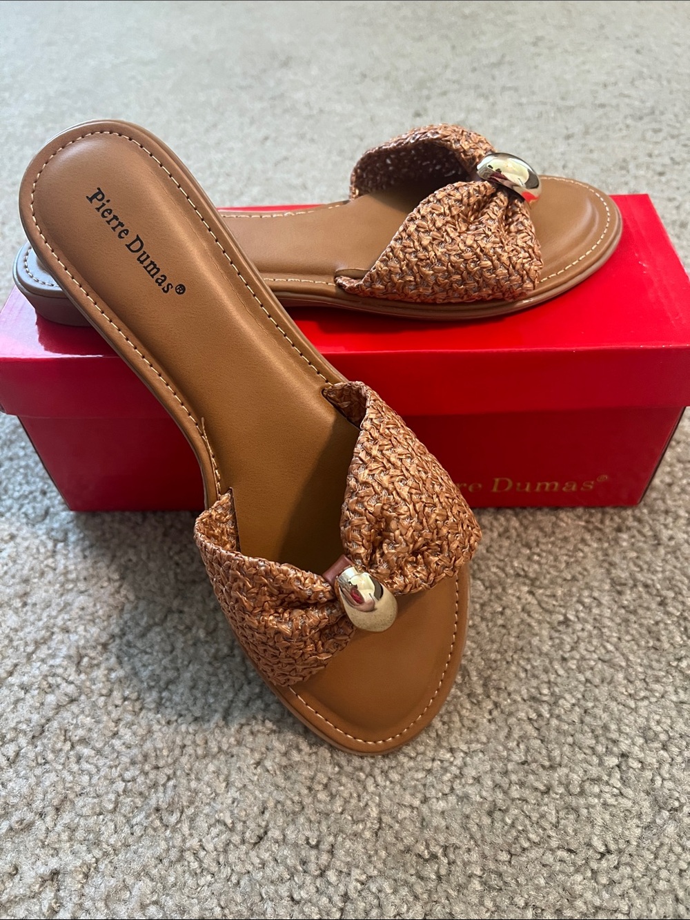 Pierre Dumas Tan Braided Slide Sandals with Gold Accent